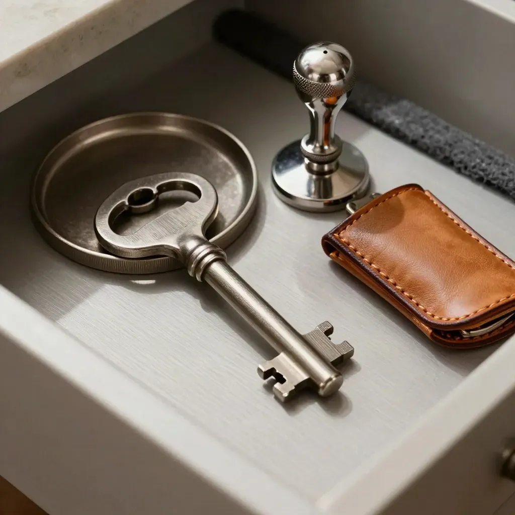 Macro still life of bank security tools on brushed steel with tan leather and a coin tray.