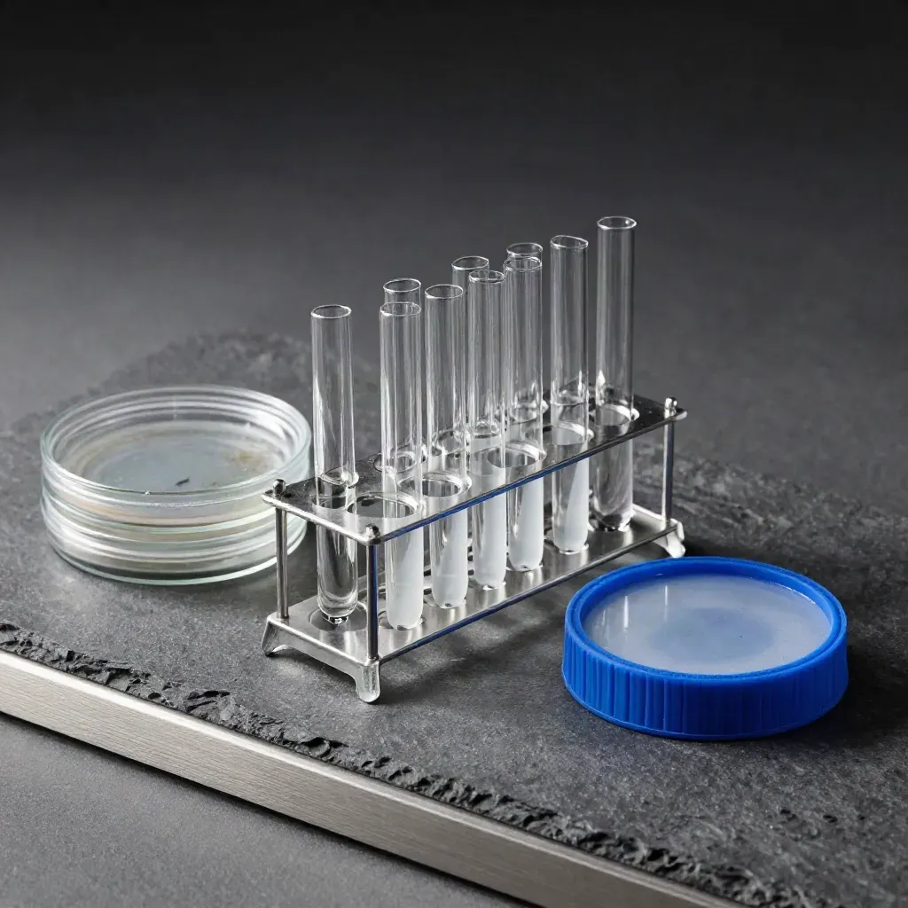 Glass vial rack with petri dish lids and frosted sample tube cradle on a graphite lab surface.