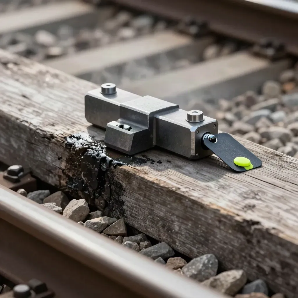 Rail fastener, gauge block and safety tag beside a weathered sleeper in cold mist.