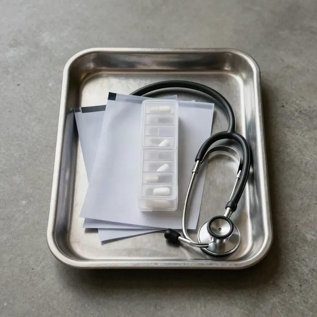 Medical intake still life with tray, pill organizer, chart sleeves, and stethoscope on cool concrete.