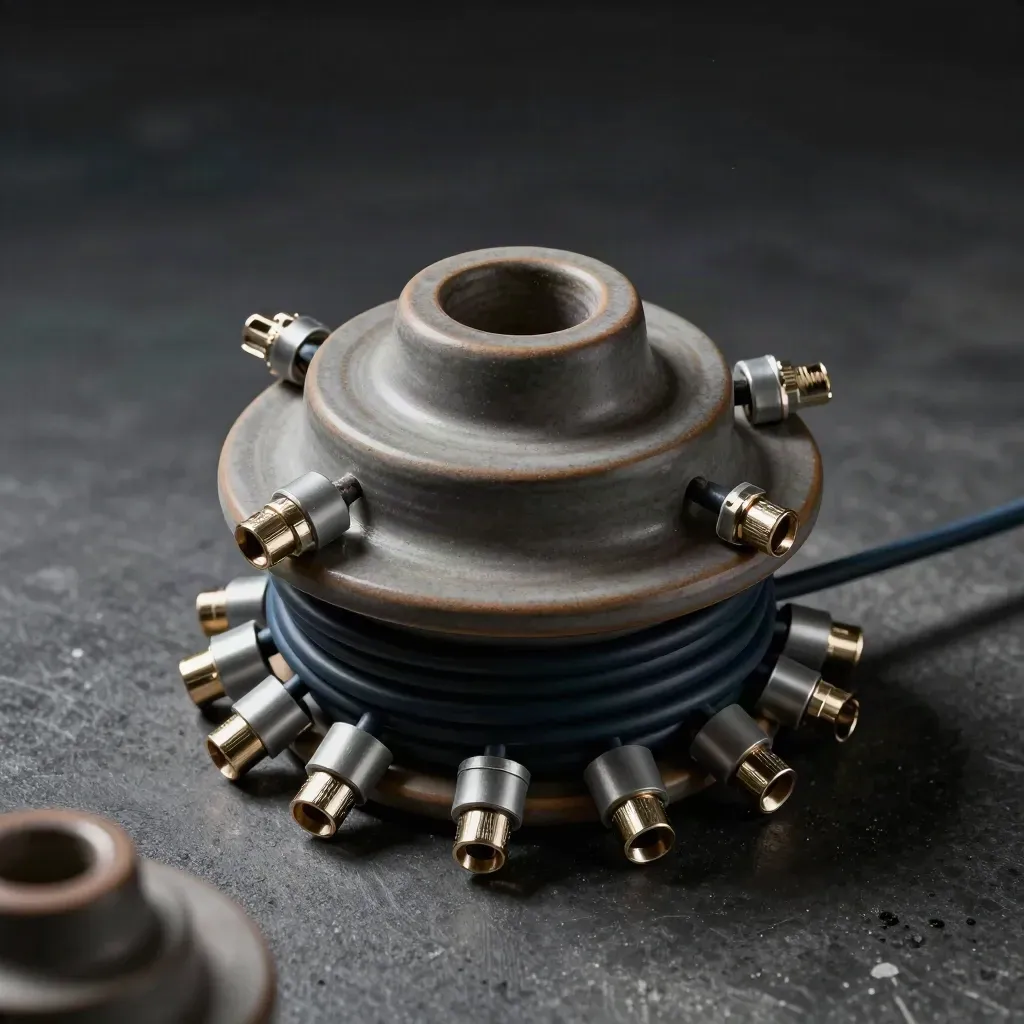 Overhead still life of blue energy cable, ceramic insulator, and connector sleeves on dark stone.