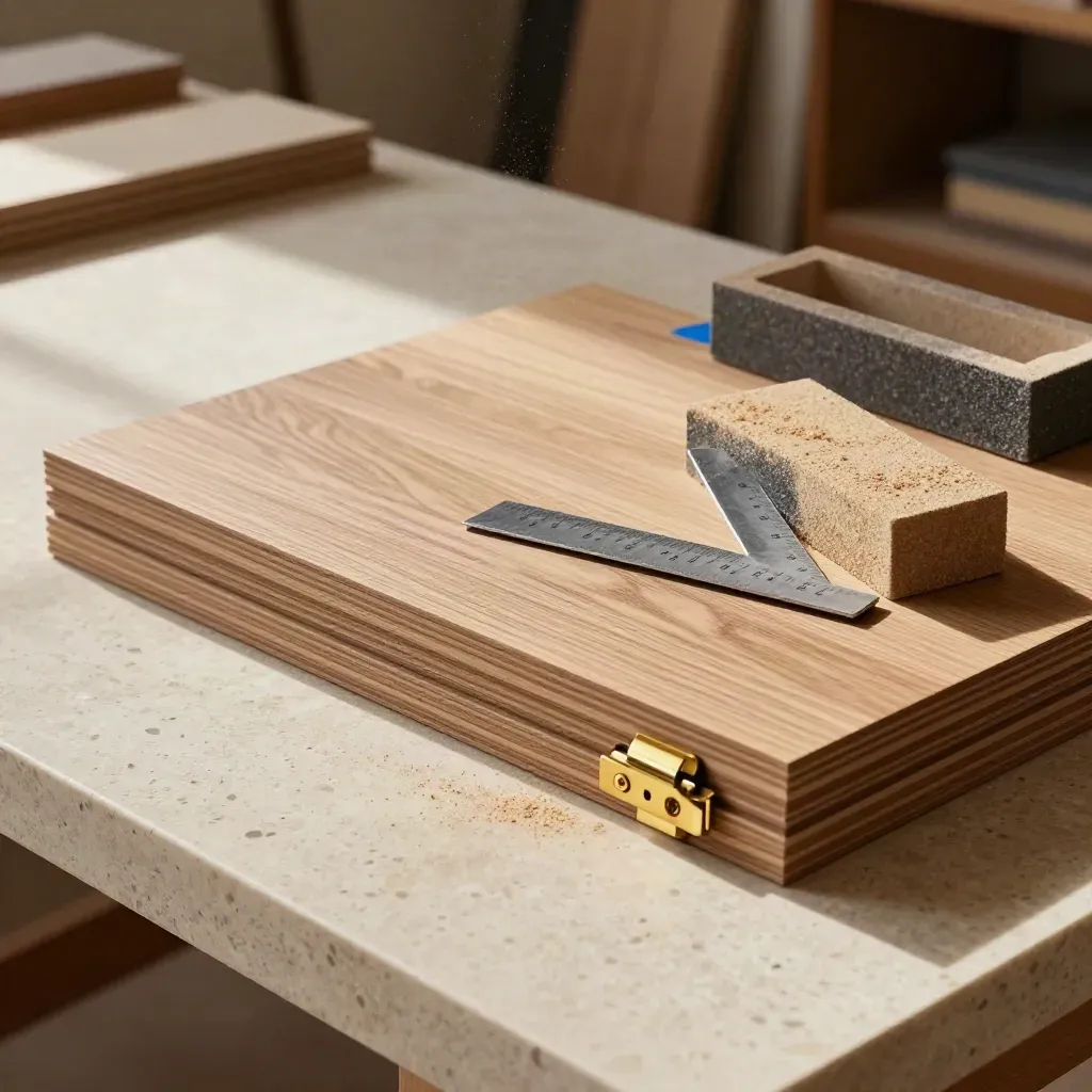 Oak veneer sheets, brass hinge, square and sanding block on a stone workbench