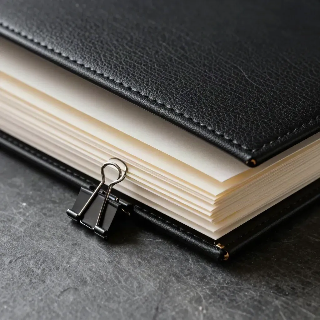 Closed black project binder with blank tab dividers and two matte clips on slate stone.