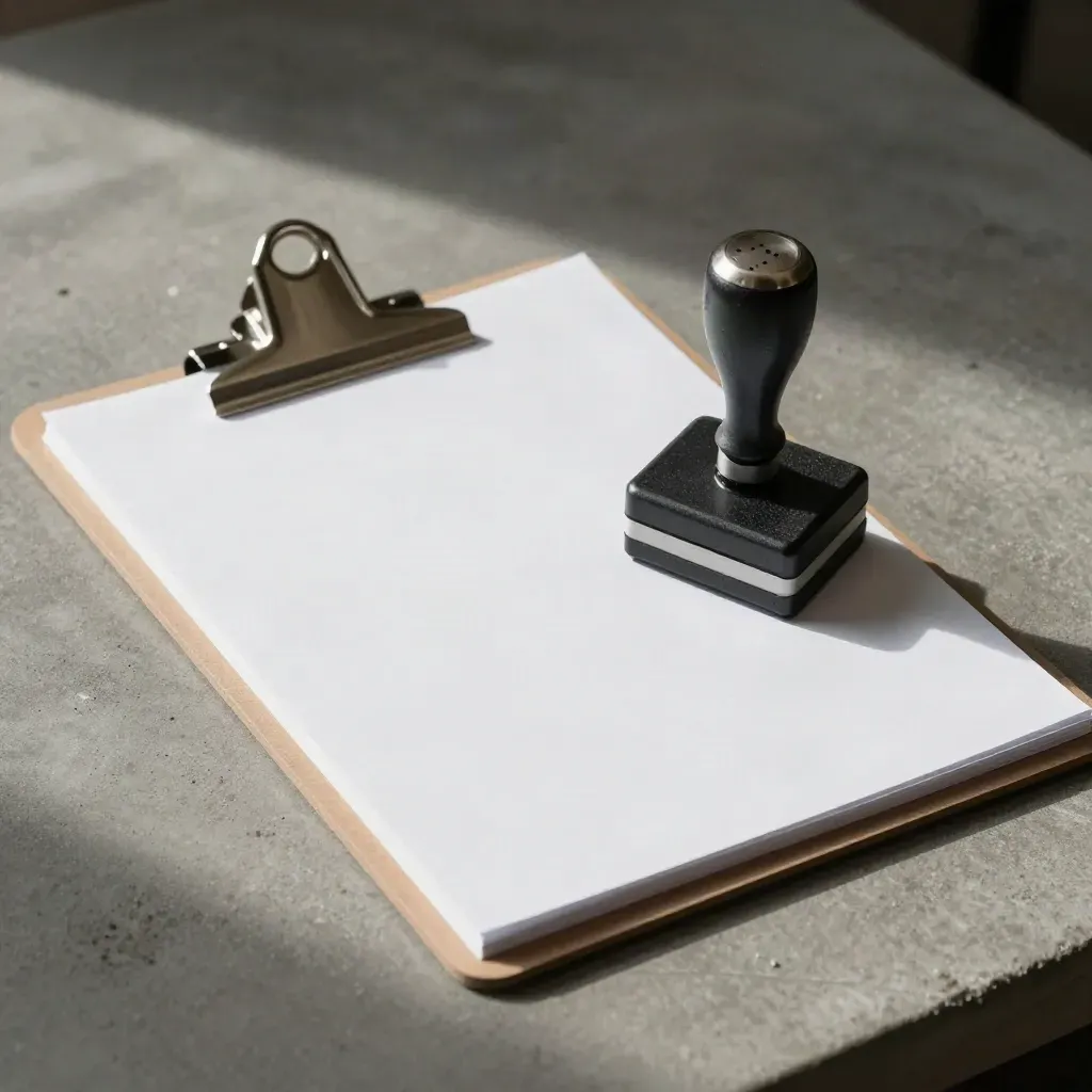 Clipboard, stamp pad, and steel clips on a graphite workbench under dramatic studio light.