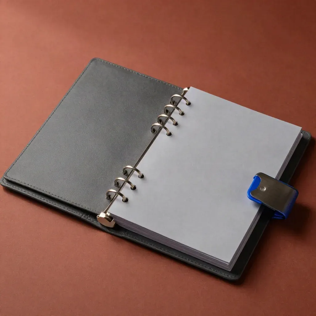 Top-down macro of two ring binders, a folded sleeve, and a metal corner protector on a clay surface.