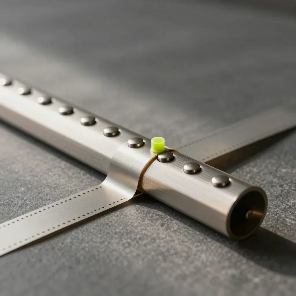 Metal rollout timeline rail with magnetic markers and a punched strip on stone.