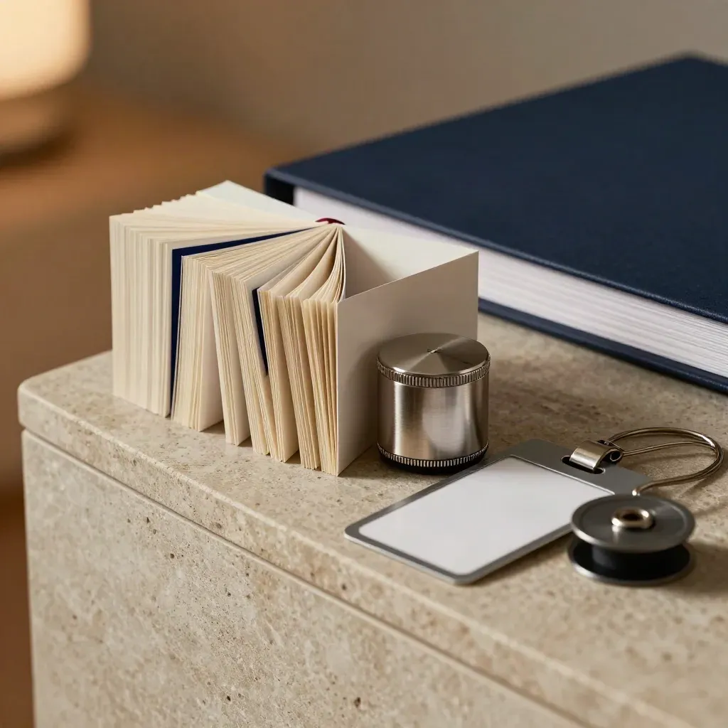 Macro still life of folded session cards, a countdown timer and badge reel beside a training folder.