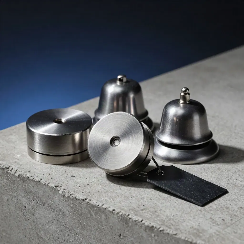 Three metal status pucks, a bell, and an incident tag on concrete under dramatic light.