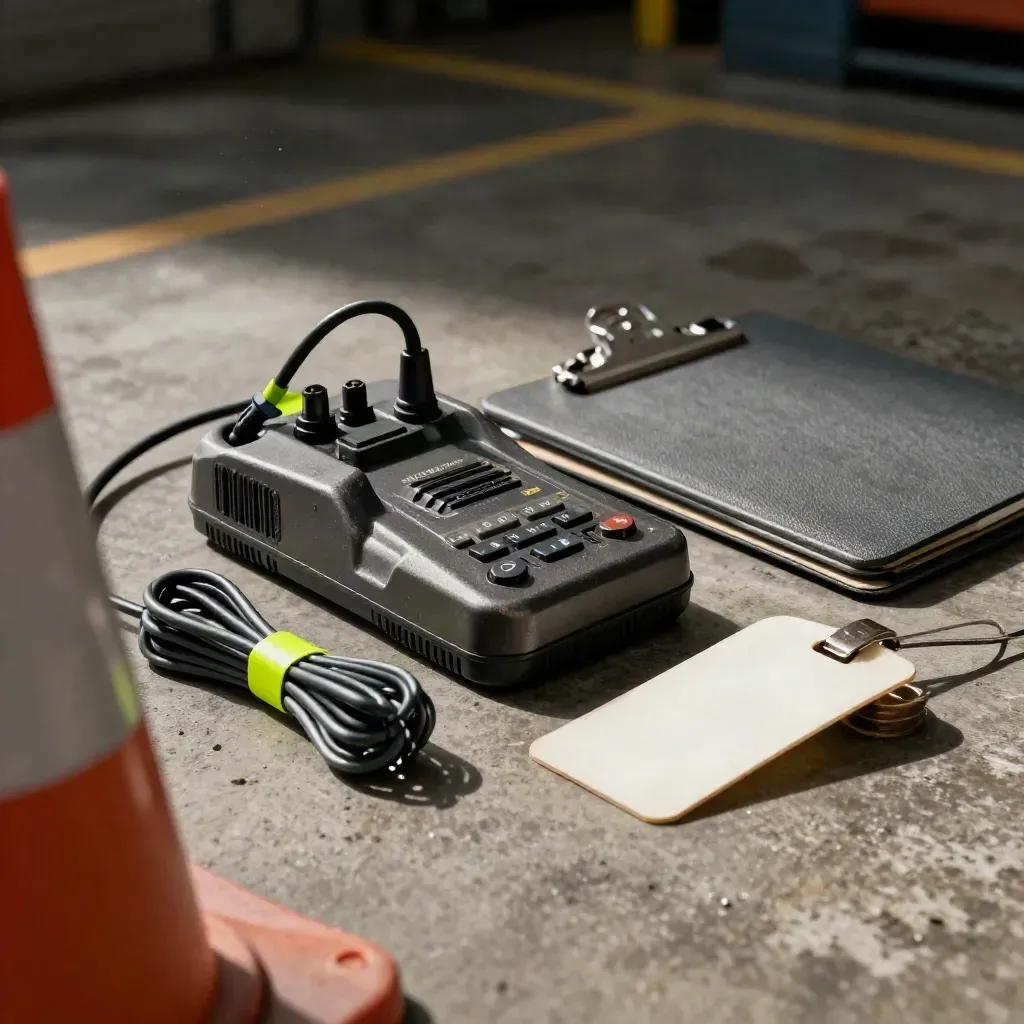 Radio charger dock, cable ties, field tag reel, and clipboard case on a dusty concrete floor