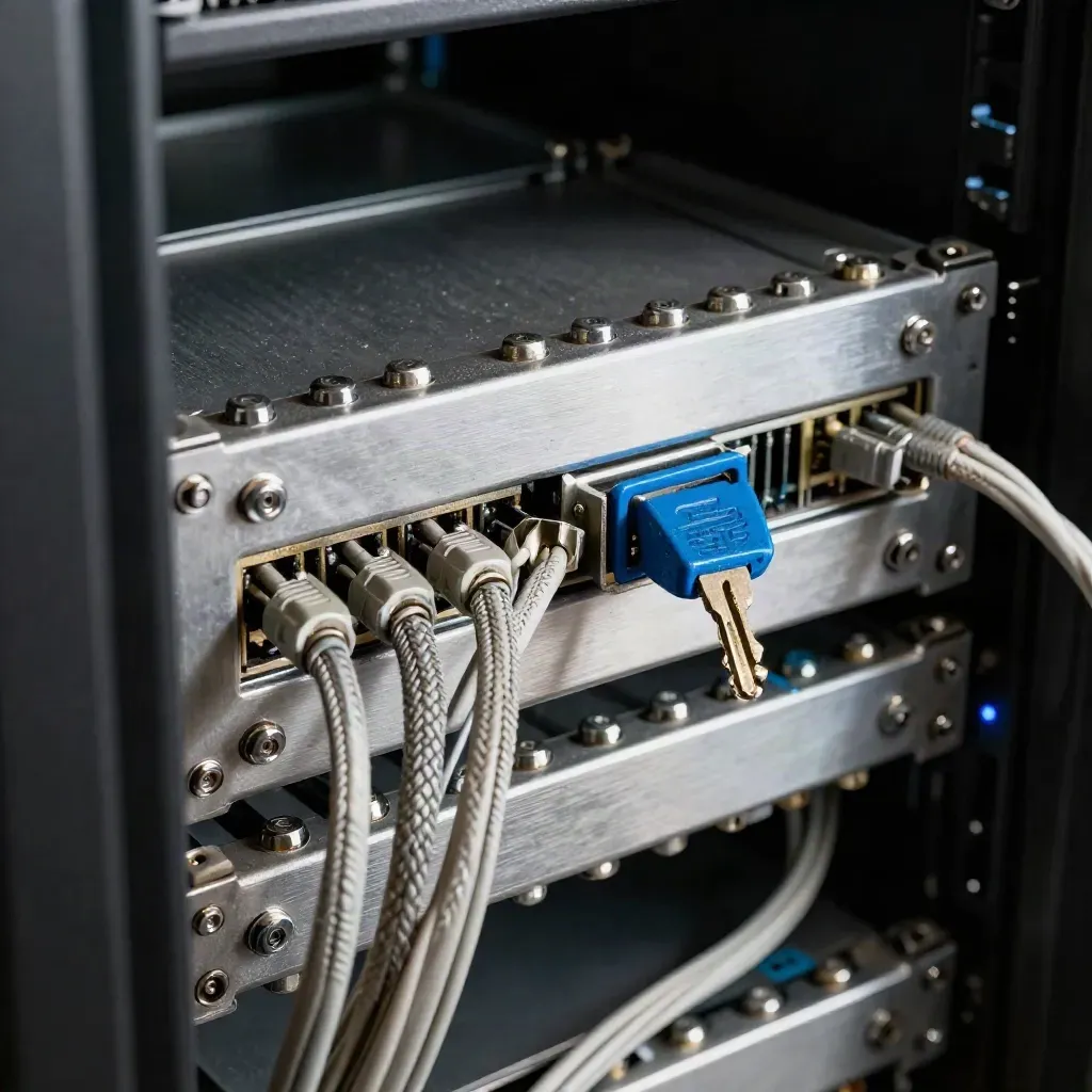 Server rack tray with patch cables, cage nuts, and a security key seen through a blurred cable loop.