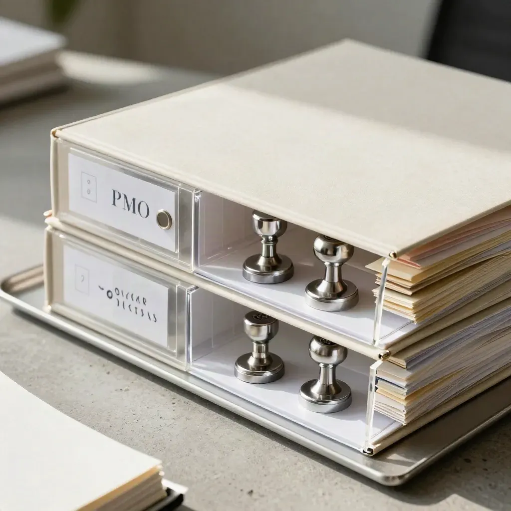 PMO binders, dividers, stamps, and a card sorter on slate concrete