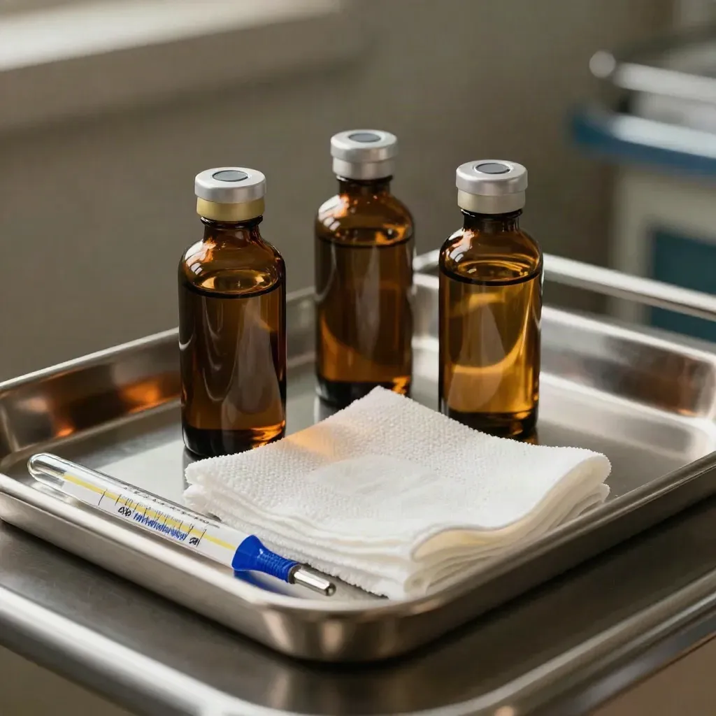 Amber bottles, gauze, and a stainless medical tray on a cool pewter surface