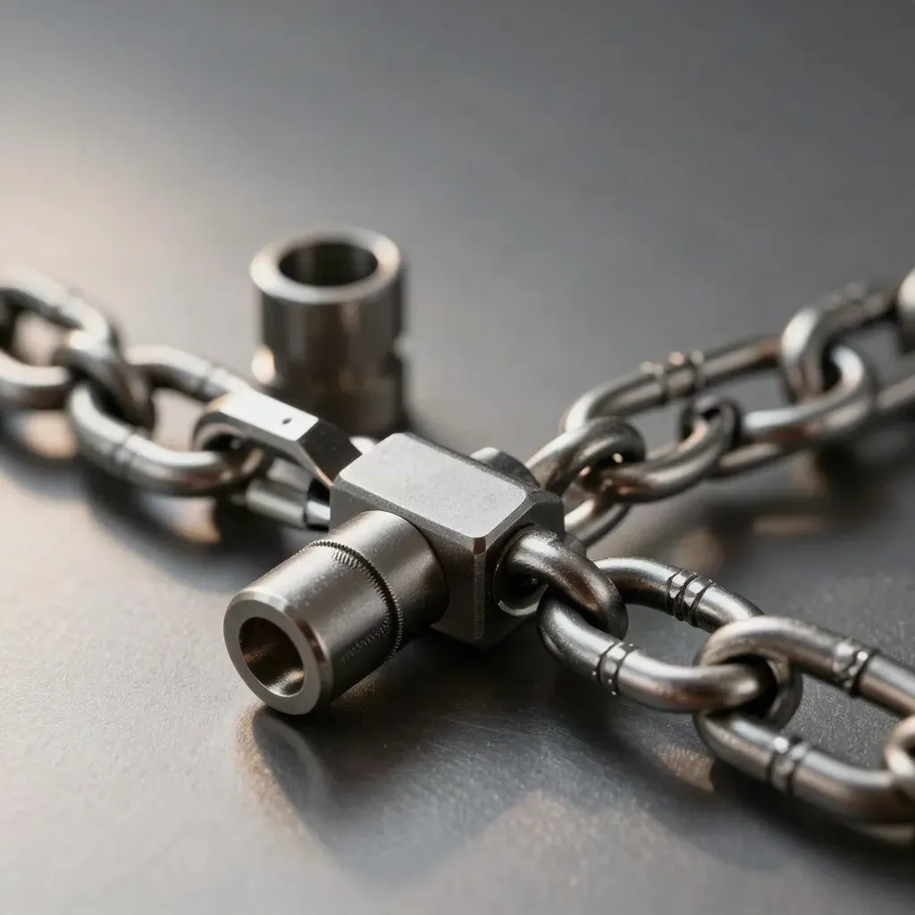 Macro of machined metal links and a connector block on brushed graphite with soft daylight.