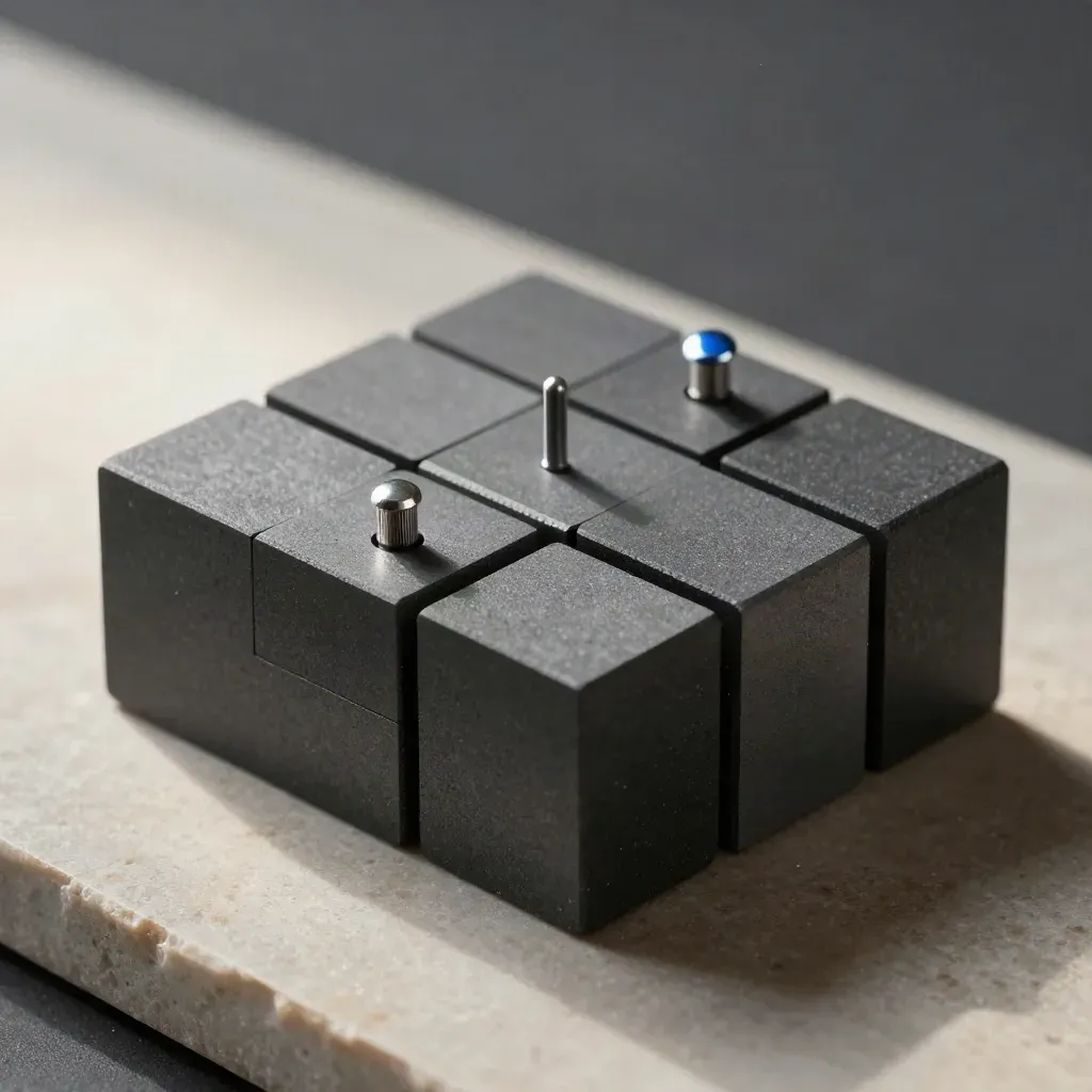 Macro of modular graphite blocks locked by a metal pin on stone with cobalt accents.