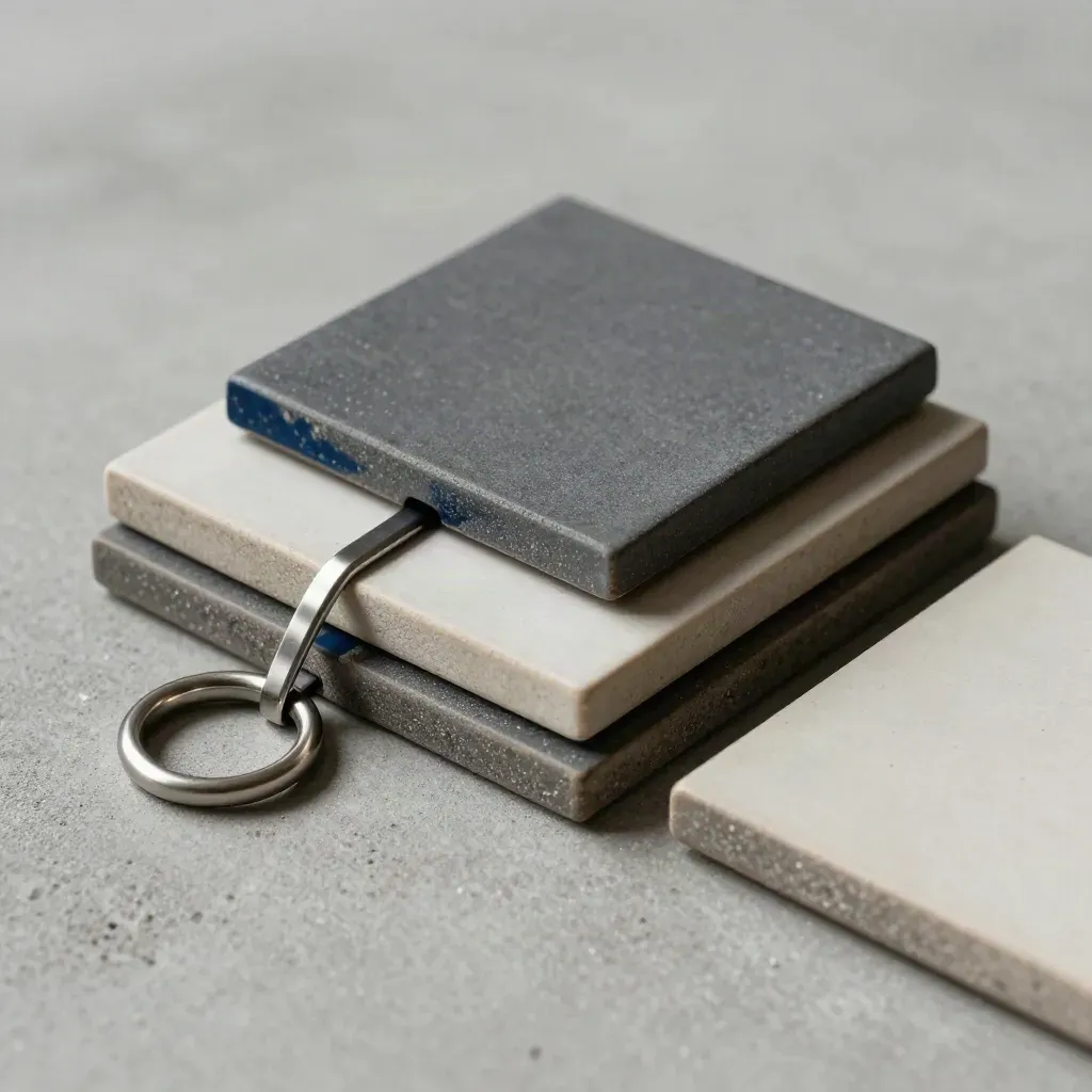 Top-down macro of ceramic tiles, a linked ring, and magnetic spacer on concrete with a navy accent.